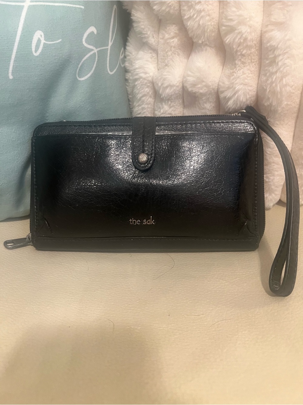 The Sak Black Leather Iris Wristlet Wallet with Strap